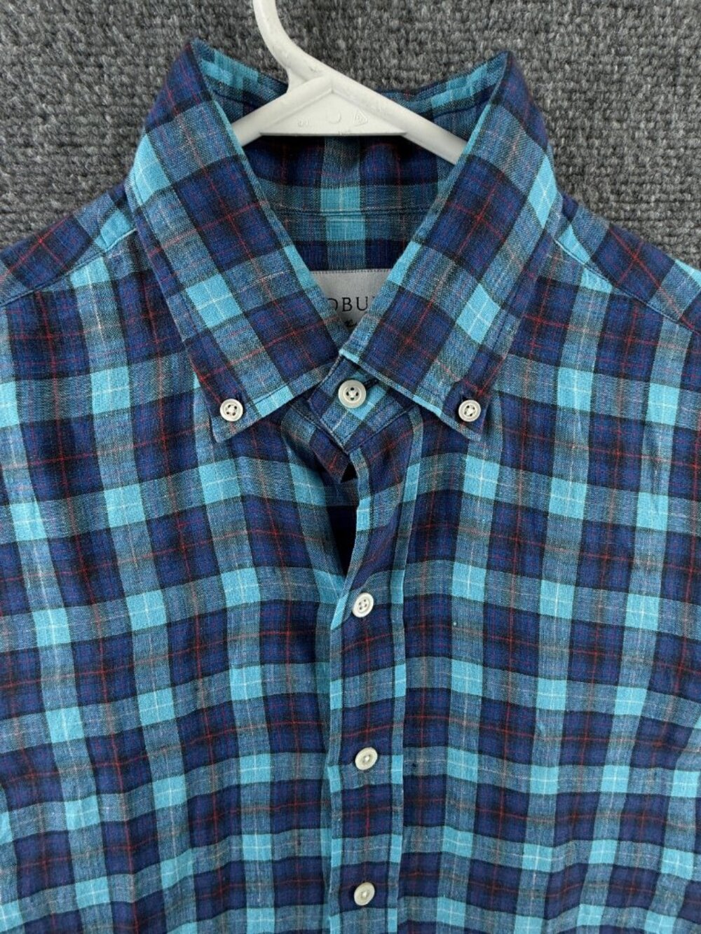 Ledbury Blue Plaid Size 15 Button Up Shirt Men All Linen Long Sleeve Woven Adult